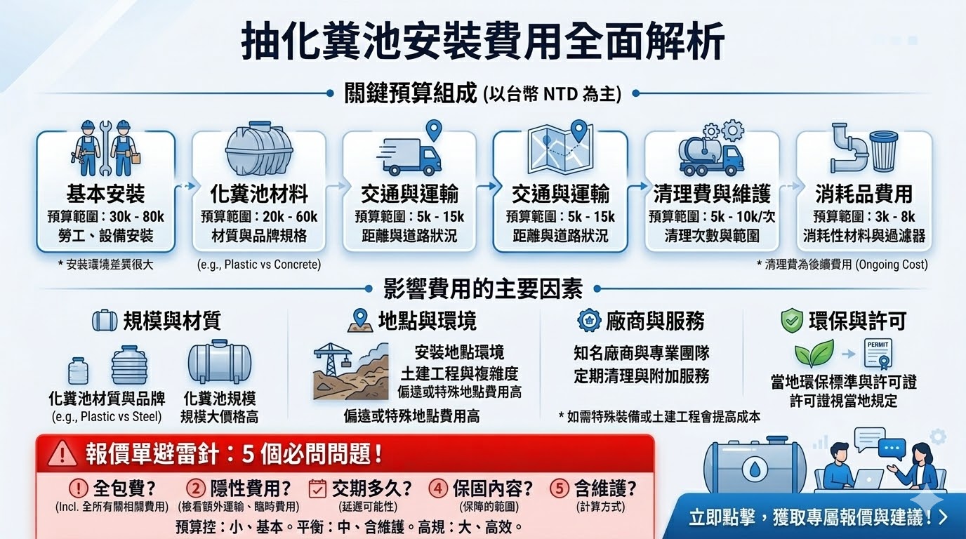 抽化糞池是一種用於處理家庭或商業場所污水的設備，主要功能是收集和處理廢水中的固體物質，保持排水系統的衛生。選擇適合的抽化糞池對於確保長期運行和避免污染至關重要。安裝抽化糞池時，除了基本安裝費用，還需要考慮材料費、清理費用等多項因素，這些都會影響最終報價。了解抽化糞池的費用組成與安裝過程，能幫助消費者選擇合適的方案，確保設備的穩定運行。