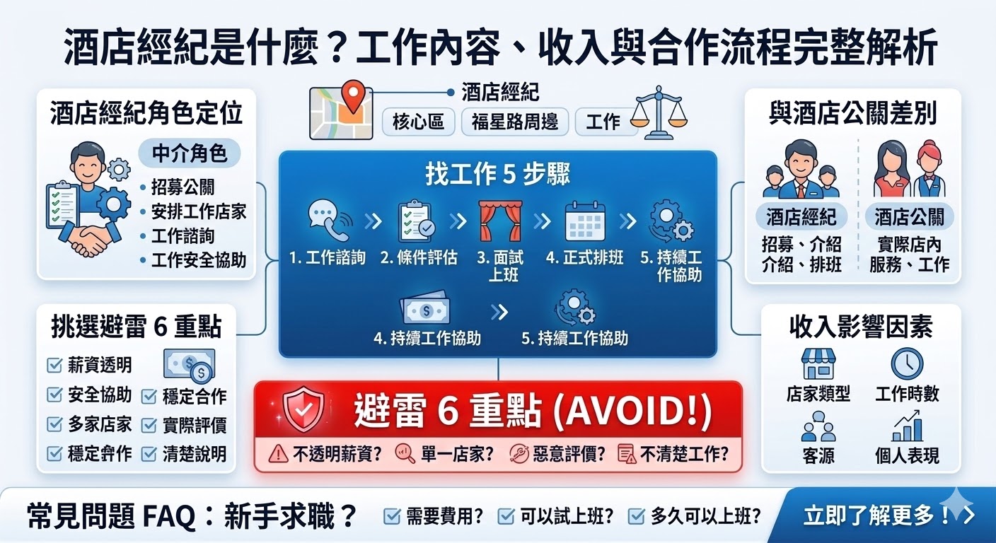 這篇深度指南完整解析了酒店經紀的角色定位,讓想進入產業的新人能快速理解其工作價值。內容詳細說明經紀如何協助招募、安排店家、規劃排班並提供工作安全協助,並清楚釐清經紀與公關的職責差異。此外,文章更整理了找工作 5 步驟、挑選避雷 6 重點與收入影響因素,幫助您透過專業的酒店工作諮詢,在透明且安全的制度下開啟職業生涯,並透過 FAQ 解答所有求職疑惑。